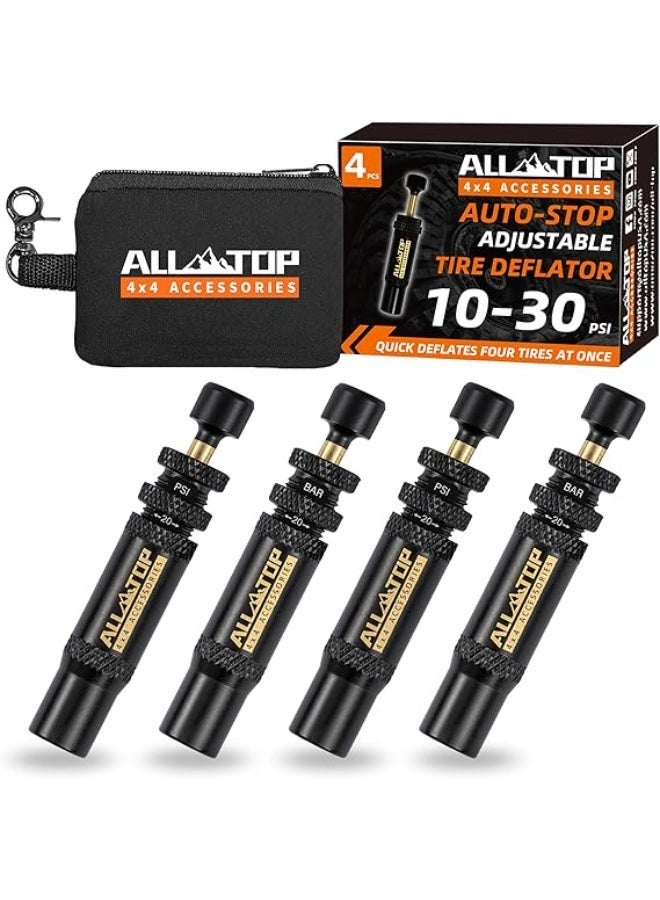 ALL-TOP مجموعة صمام تخفيض ضغط الإطارات القابل للتعديل من ALL-TOP المزود بإيقاف تلقائي (10-30 PSI) 4 قطع أداة نفخ الإطارات القابلة للبراغي للطرق الوعرة 4x4 (مع 5 أغطية صمامات) - Image 1